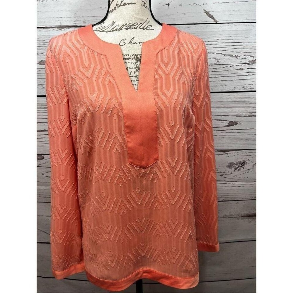 Dana Buchman Coral Orange Chevron Textured Split Neck‎ Blouse Top S